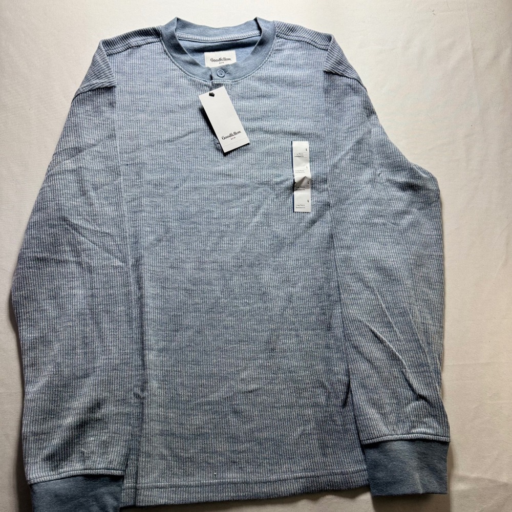 Goodfellow & Co Mens Large Blue Long Sleeve Waffle Knit Henley Shirt Standard